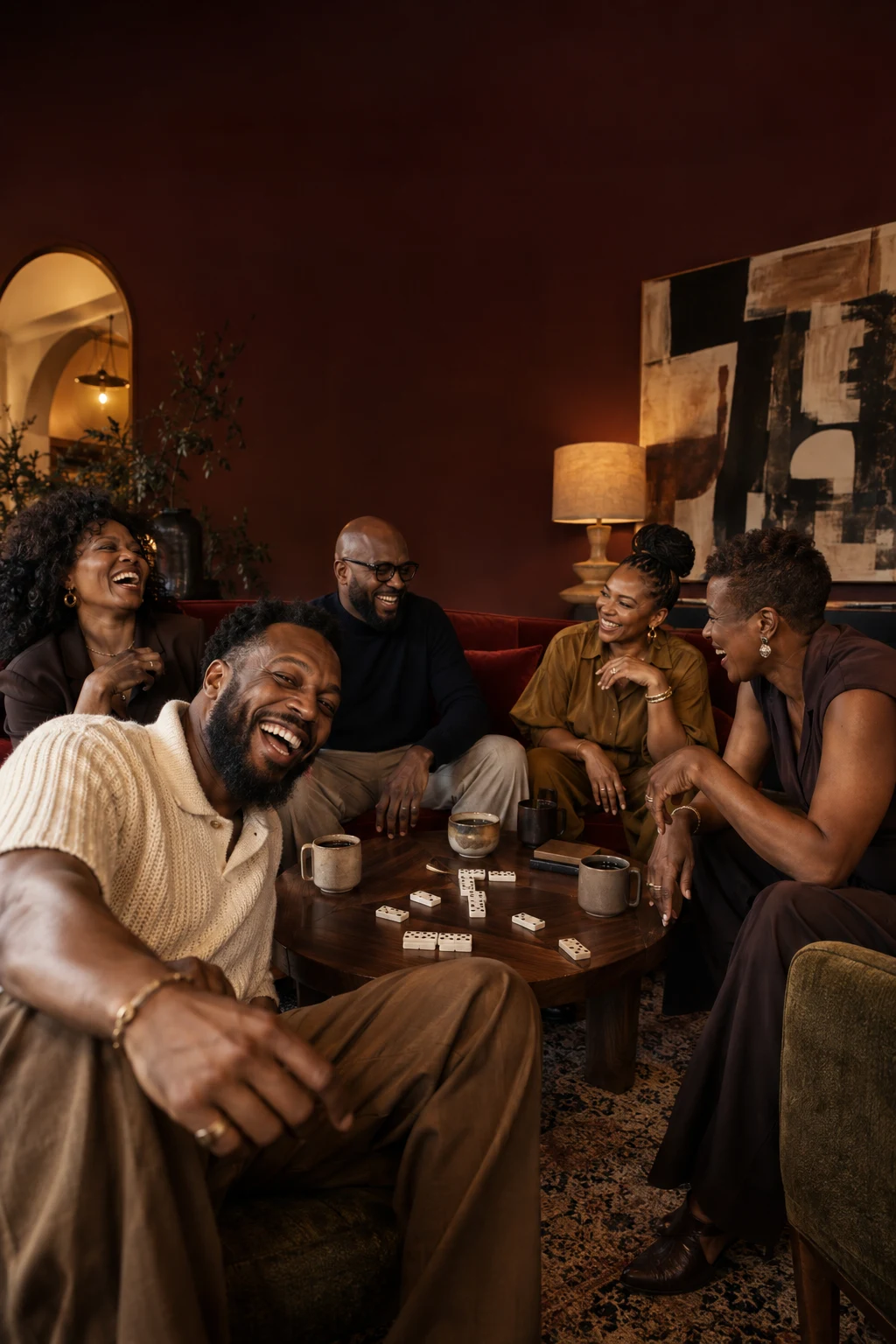 Campaign image of friends laughing over coffee and dominoes in a warm lounge