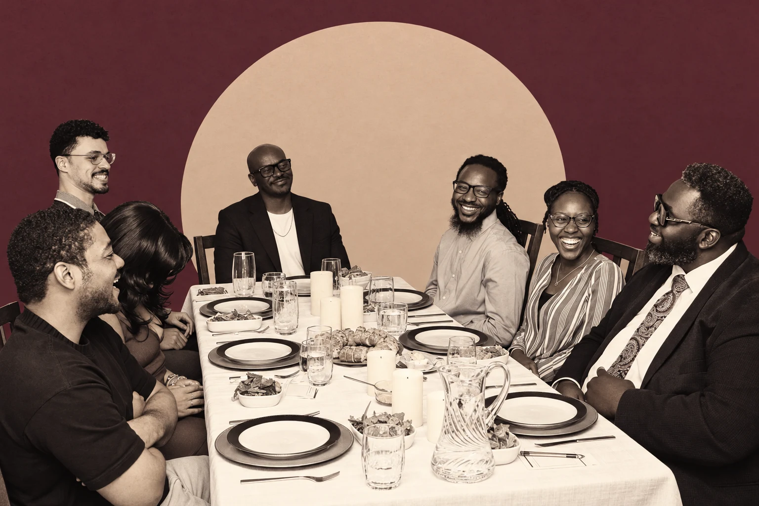 Graphic treatment of guests laughing around the table at our first Social Club dinner, in warm monochrome against an oxblood backdrop