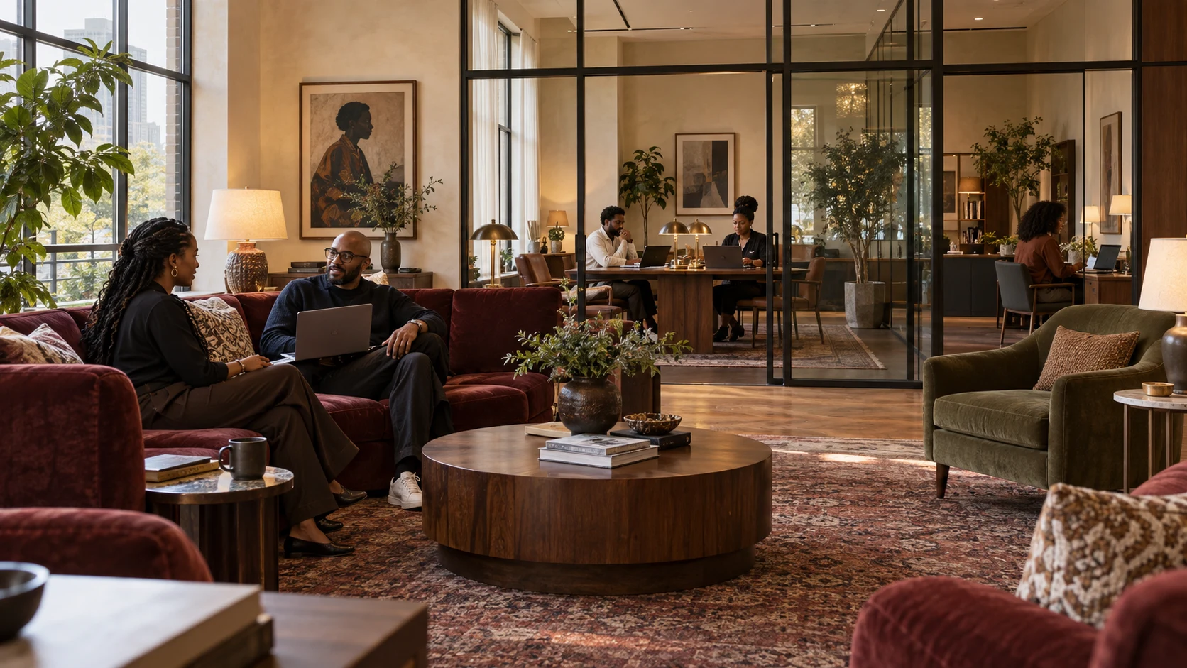 Concept of a warm shared workspace with lounge seating, work tables, and people in conversation
