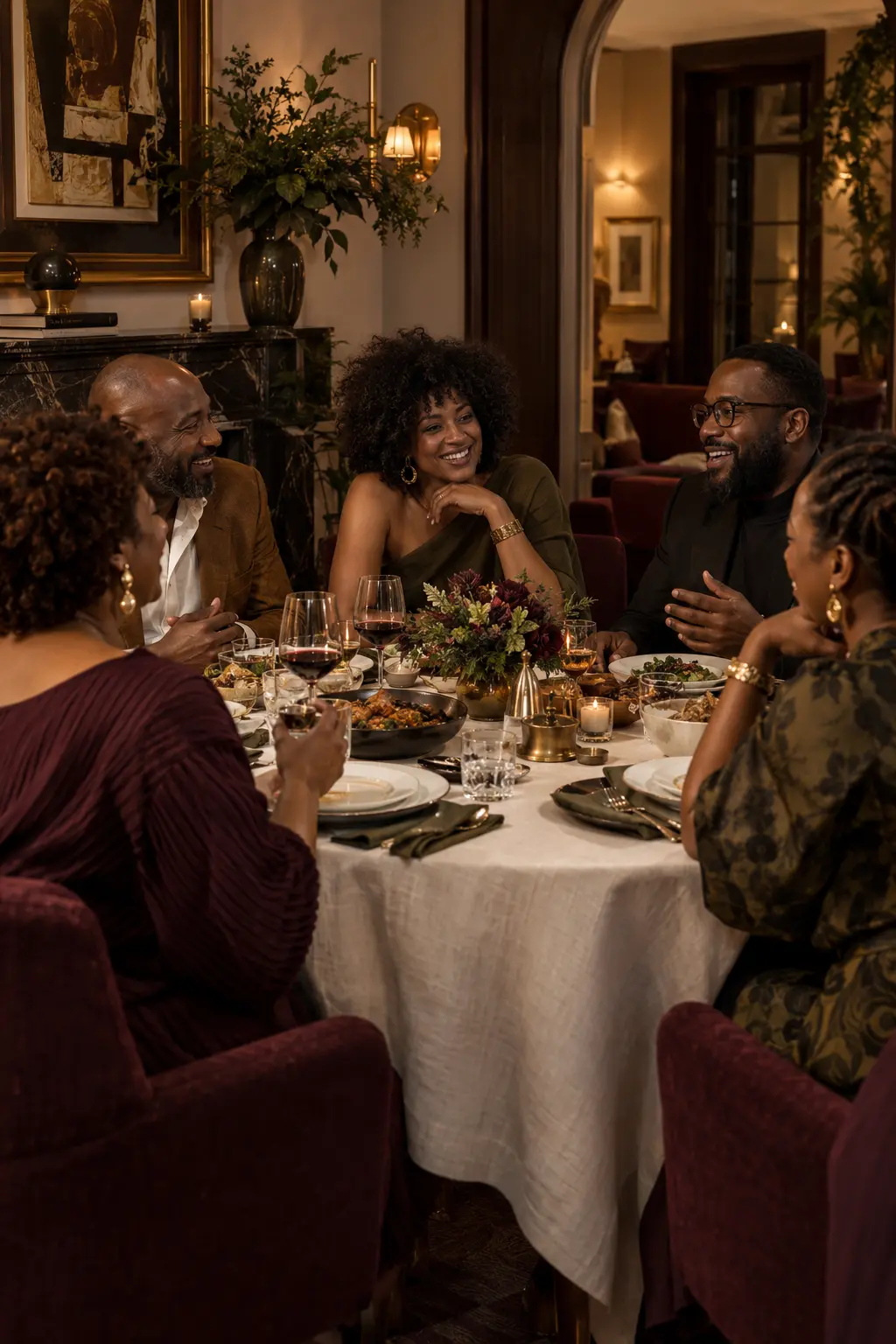 Campaign concept of five friends sharing dinner and conversation around a candlelit table