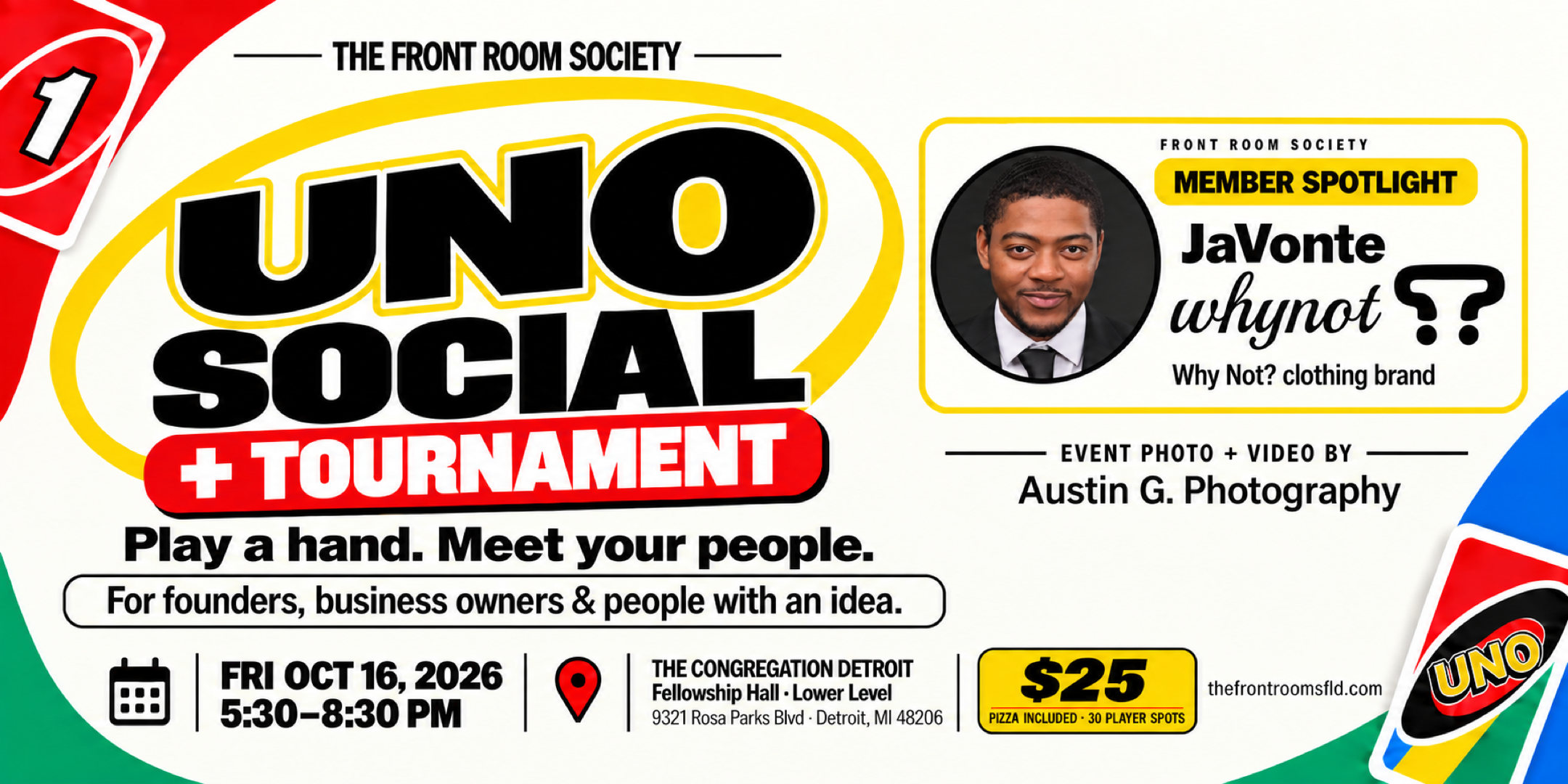Original UNO Social and Tournament flyer with event details, JaVonte spotlight, and Austin G. Photography credit